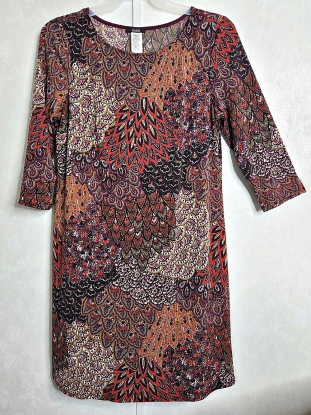 MSK Paisley Peacock Print Above Knee Shift Dress in Browns & Reds Size Large